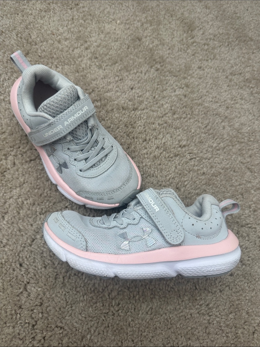 Under Armour Kids Gray and Pink Athletic Sneakers with Hook-and-Loop Strap